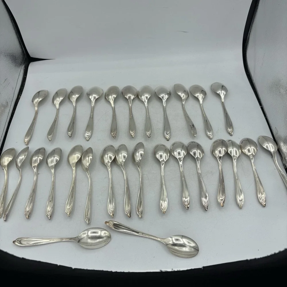 International‎ Deep Silver Inlaid Spoons 2 Size Happy Anniversary Lot of 29